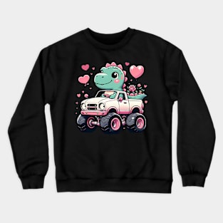 Cute Girls Kids Valentines Day Dinosaur Riding Monster Truck Crewneck Sweatshirt